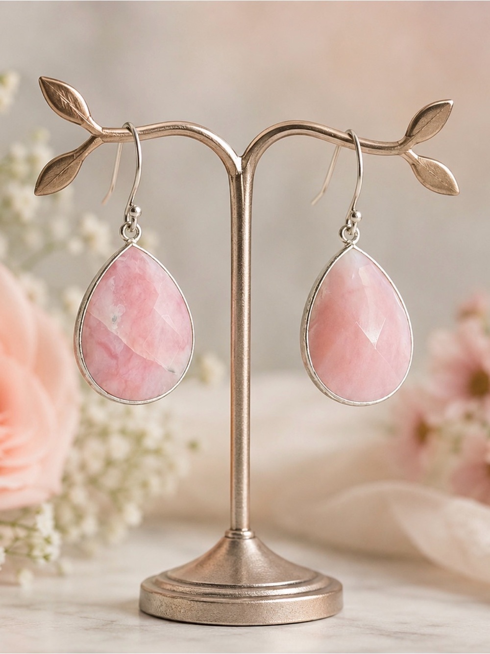 Earrings Pink Opal Gemstones Teardrop Healing Stone Drop Dangle